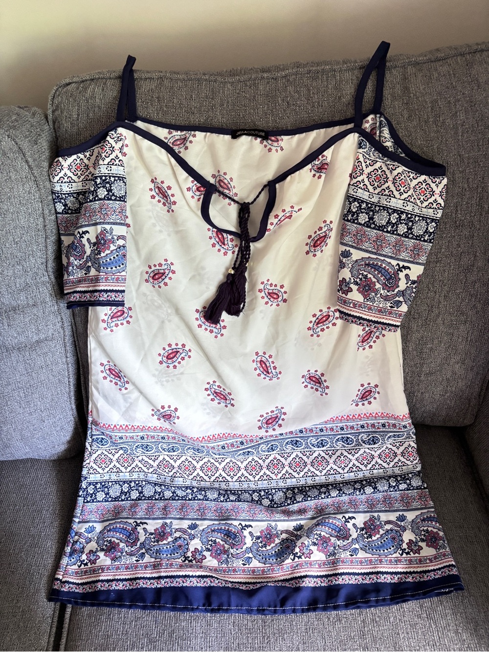 Boho Paisley Off-Shoulder Women’s Dress - Cream with Navy Trim